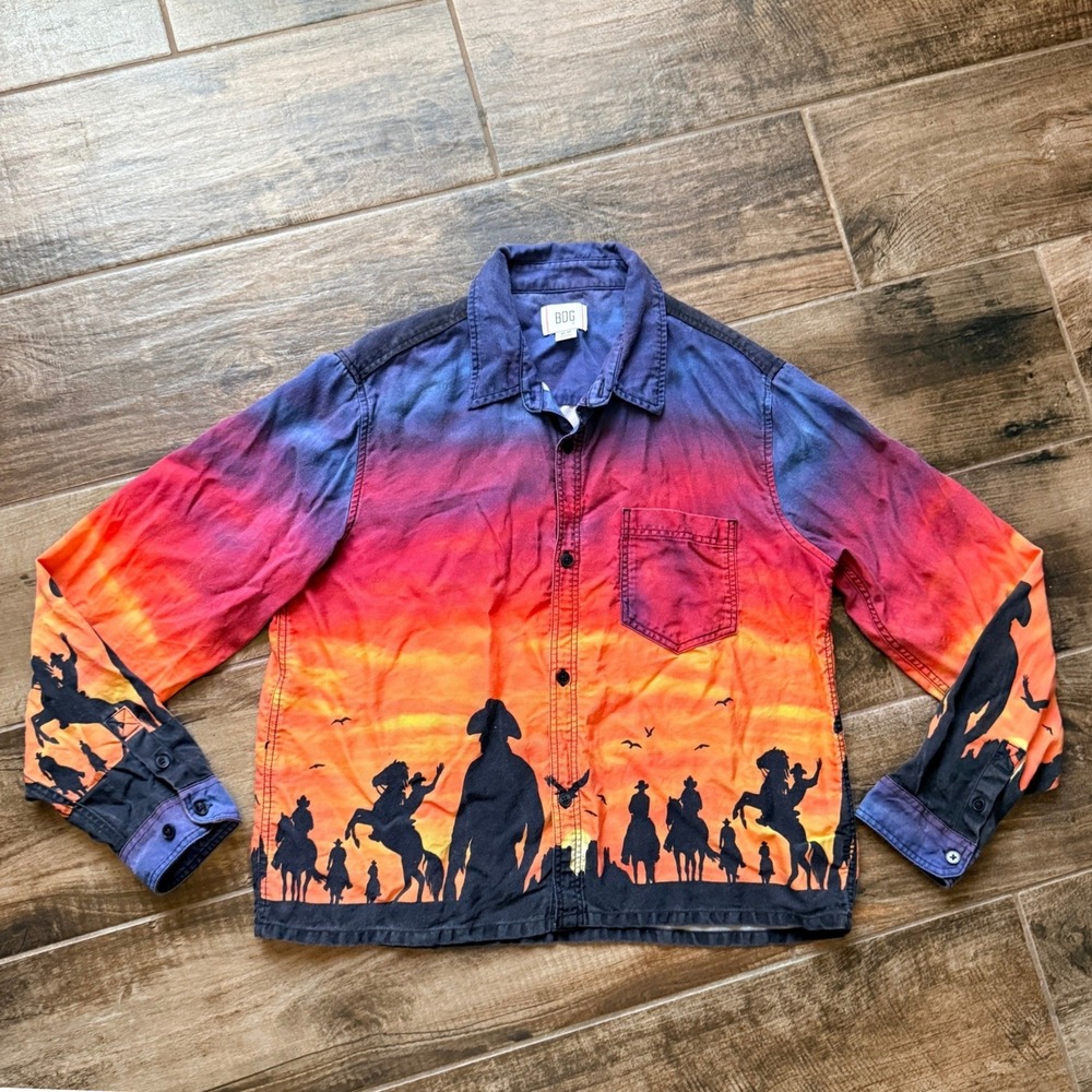 UO BDG Men's Landscape Printed Drapey Long Sleeve Button-Down Shirt, Multi, M